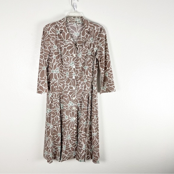 Boden Dresses & Skirts - BODEN Riviera Brown Floral Front Button 3/4 Sleeves Pleated Dress, Size 6